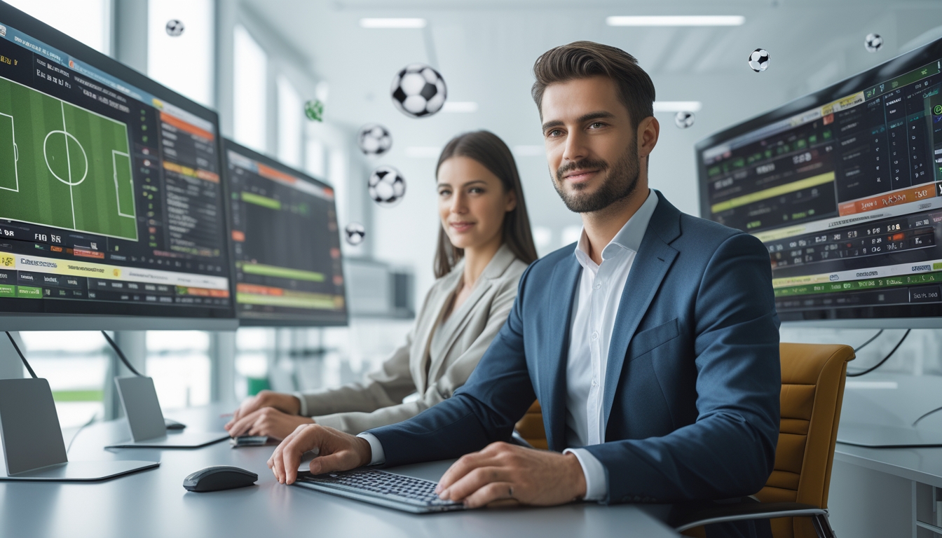 Dua orang profesional duduk di depan komputer dengan tampilan pertandingan sepak bola dan statistik taruhan online.