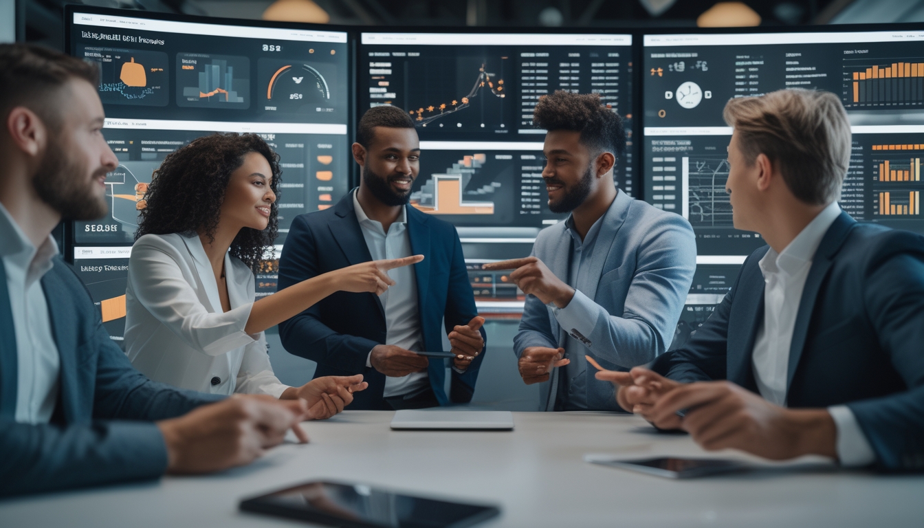 Sekelompok orang berdiskusi di depan layar digital yang menampilkan statistik taruhan bola online dalam ruang kantor modern.