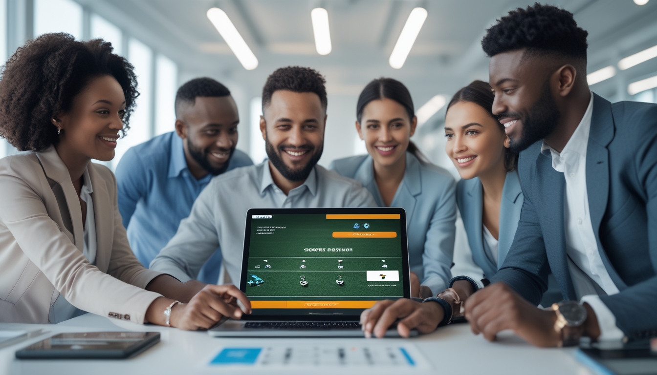 Sekelompok orang sedang berdiskusi di kantor modern dengan perangkat digital yang menampilkan situs taruhan olahraga online.