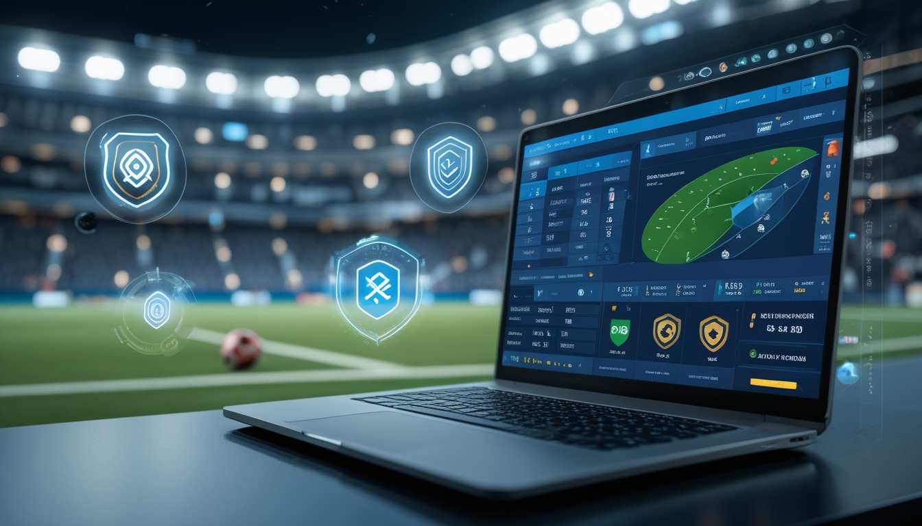 Seorang profesional menggunakan laptop dengan tampilan situs taruhan bola online yang modern, latar belakang stadion sepak bola dengan lampu terang dan penonton.