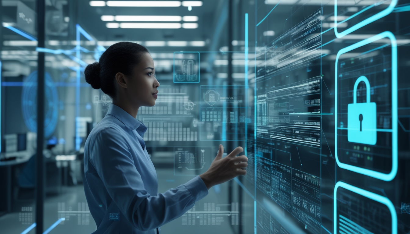 Seorang profesional IT sedang menganalisis data keamanan di depan layar digital dengan simbol perlindungan dan jaringan aman.