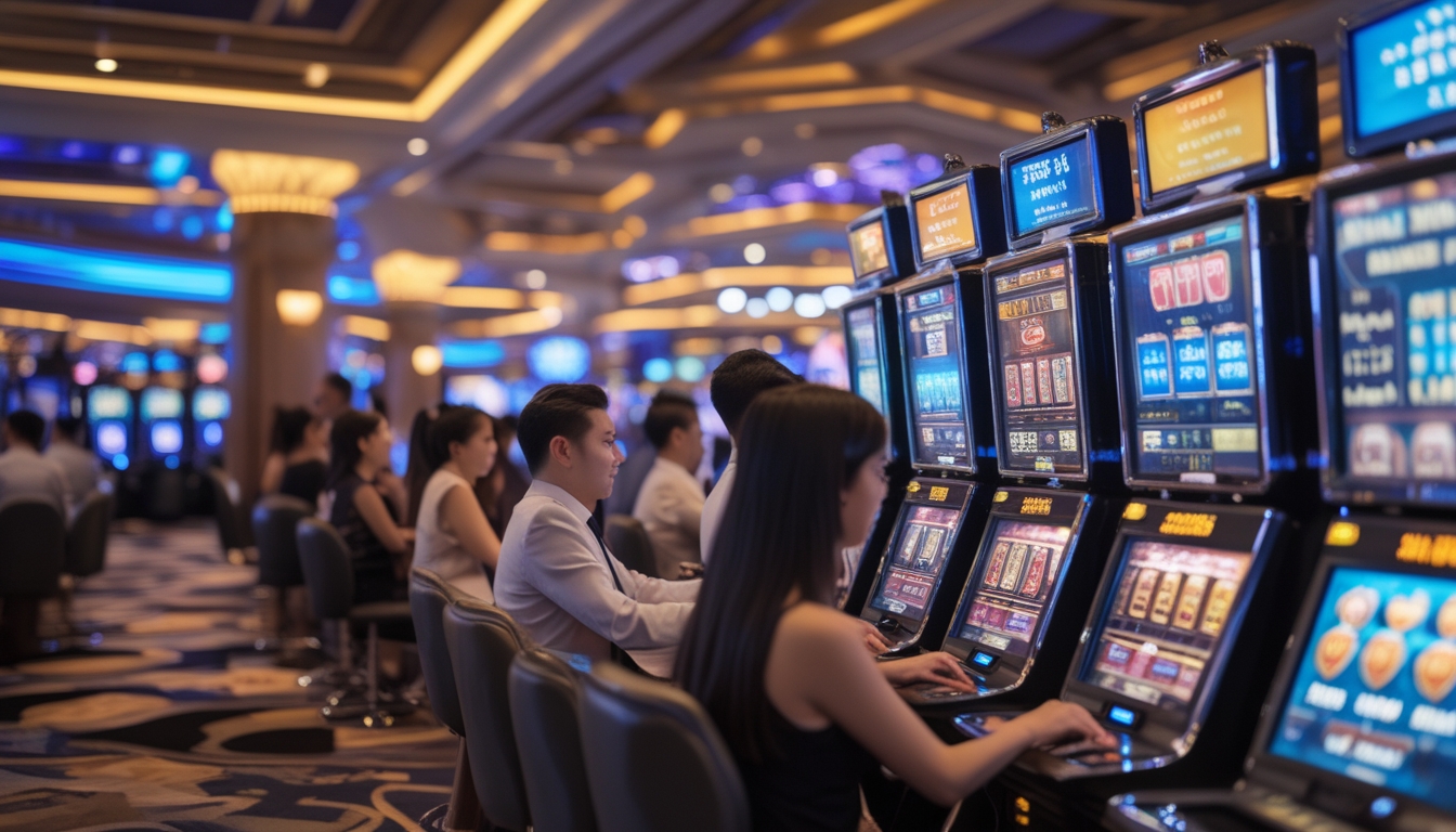 Suasana kasino modern di Macau dengan pemain yang sedang bermain mesin slot dan terminal taruhan elektronik.