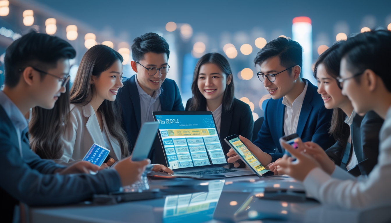 Sekelompok orang muda berkumpul di sekitar meja dengan perangkat elektronik dan tiket lotre, terlihat antusias membahas permainan Toto Macau.
