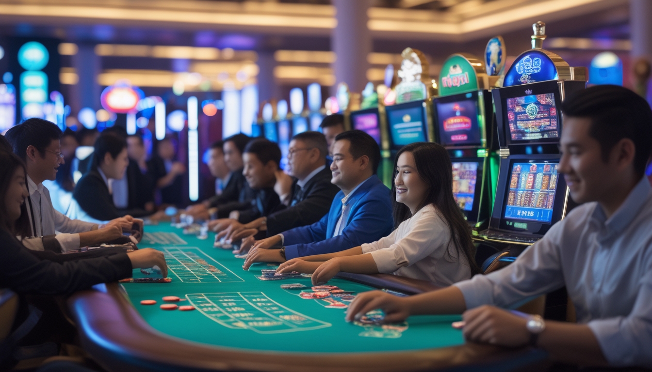 Orang-orang bermain di kasino Macau yang ramai dengan lampu warna-warni dan suasana mewah.