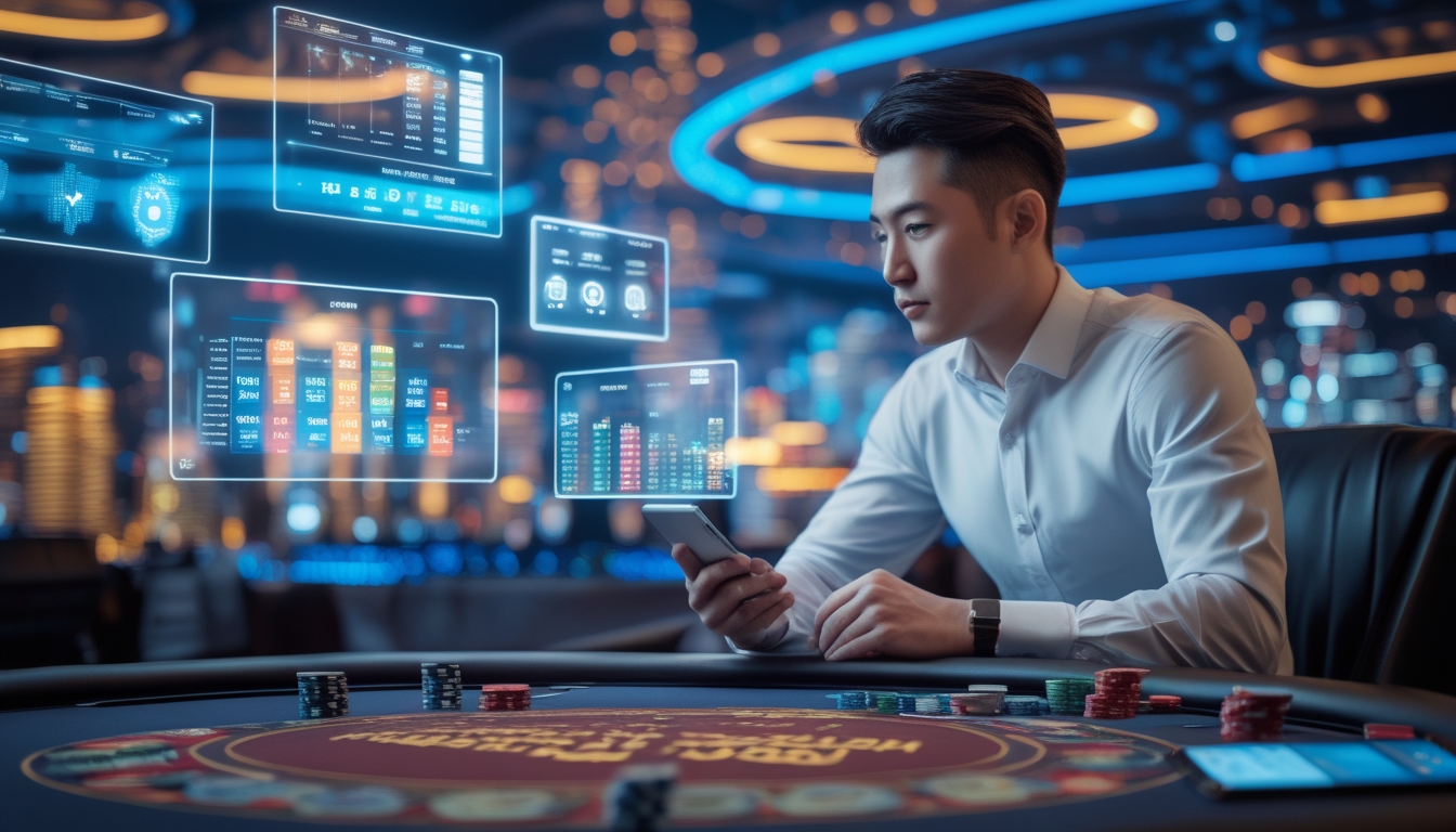 Seorang pria berpakaian rapi sedang menganalisis data taruhan di kasino modern dengan latar belakang kota Macau di malam hari.