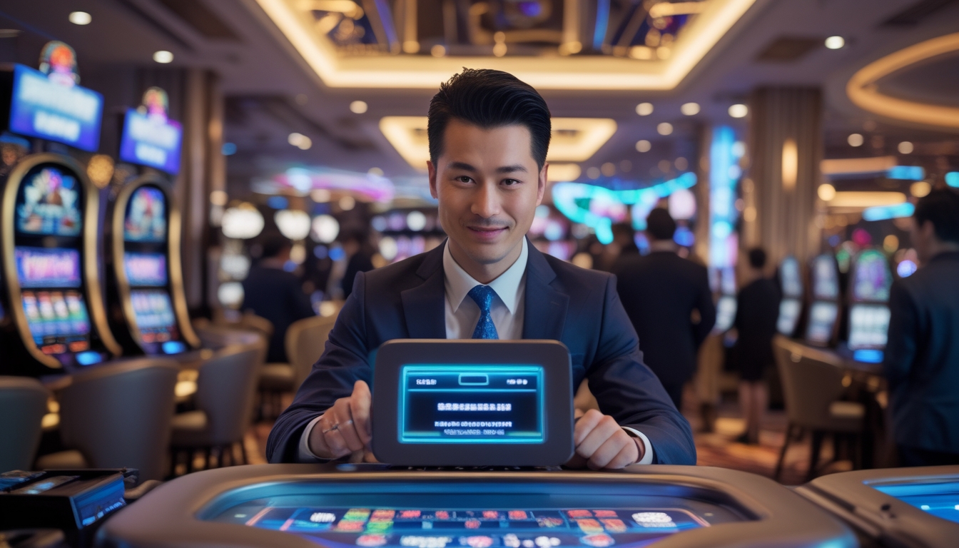 Seorang pria Asia tersenyum di lantai kasino Macau yang ramai dengan mesin slot dan meja permainan, dikelilingi oleh orang-orang yang menikmati suasana permainan.
