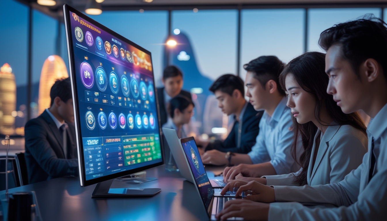 Orang-orang muda menggunakan perangkat digital di kantor modern dengan latar belakang pemandangan kota Macau.