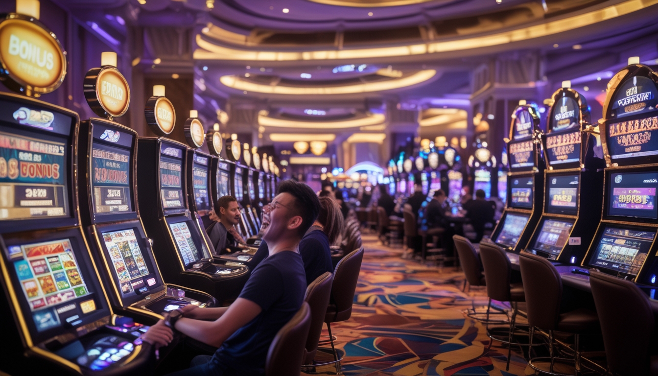 Suasana kasino modern di Macau dengan mesin slot dan pemain yang antusias bermain di meja judi.