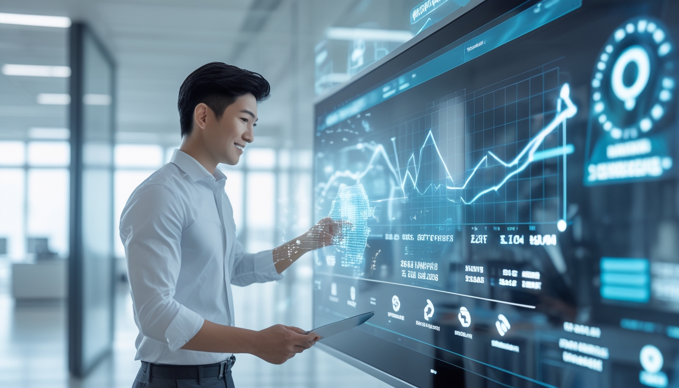 Seorang pria muda sedang menggunakan layar sentuh digital di ruang kantor modern yang terang, menampilkan grafik dan ikon transaksi cepat.