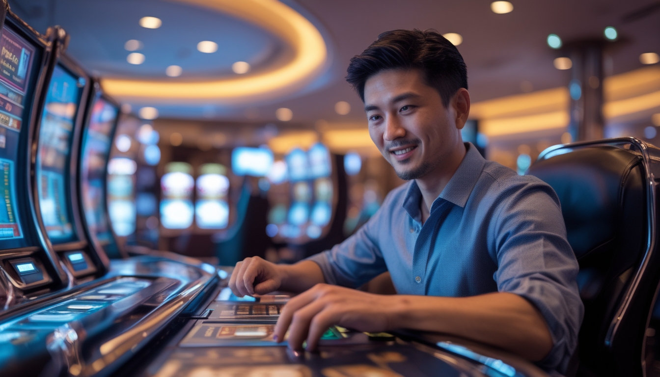 Seorang pria Asia sedang bermain mesin slot digital di dalam kasino yang modern dan terang.