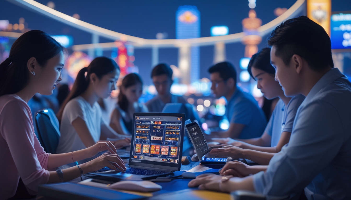Beberapa pemain menggunakan laptop dan ponsel di ruangan modern dengan latar belakang pemandangan kota Macau yang terang di malam hari.