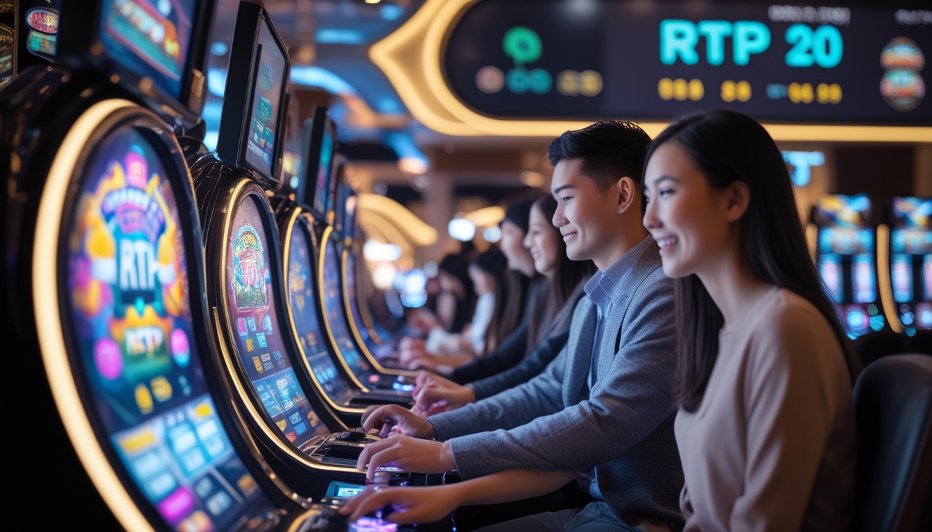 Orang-orang bermain mesin slot elektronik di kasino modern di Macau dengan layar digital yang menampilkan statistik permainan.