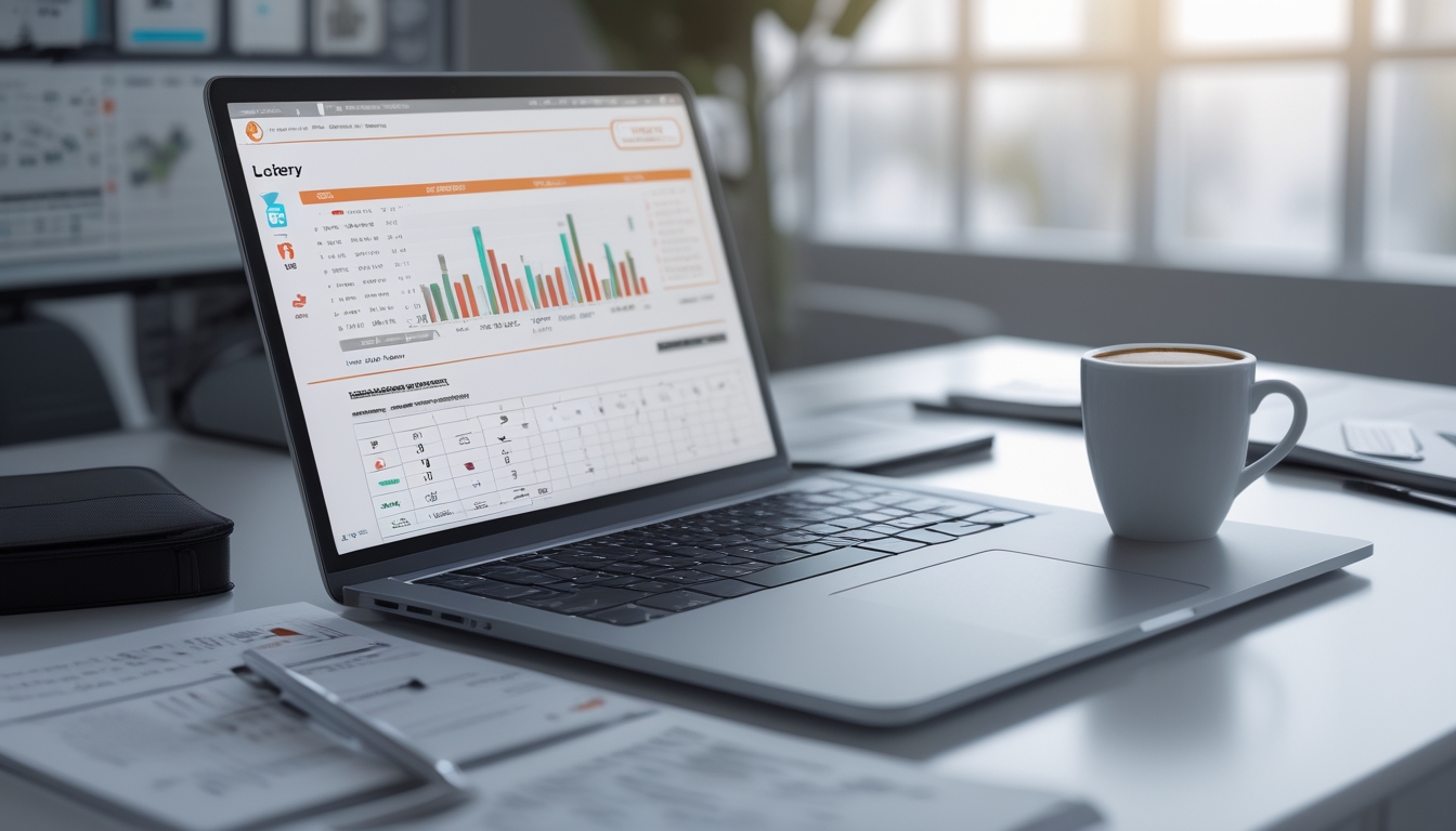 Meja kerja modern dengan laptop menampilkan antarmuka digital dan alat tulis, menunjukkan suasana perencanaan dan analisis untuk memilih Bandar Toto Macau.