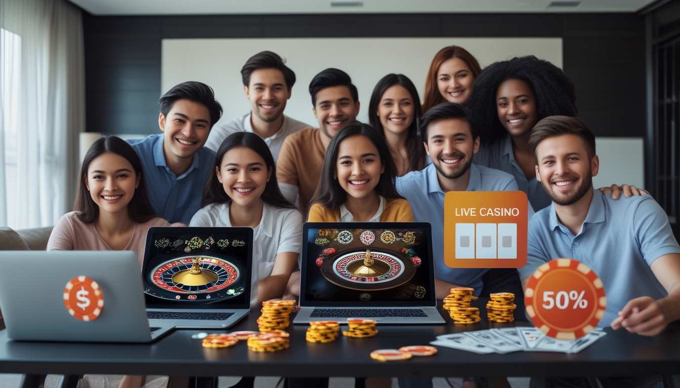 Sekelompok pemain pemula yang bersemangat bermain permainan kasino langsung secara online di ruang tamu modern dengan beberapa perangkat digital.