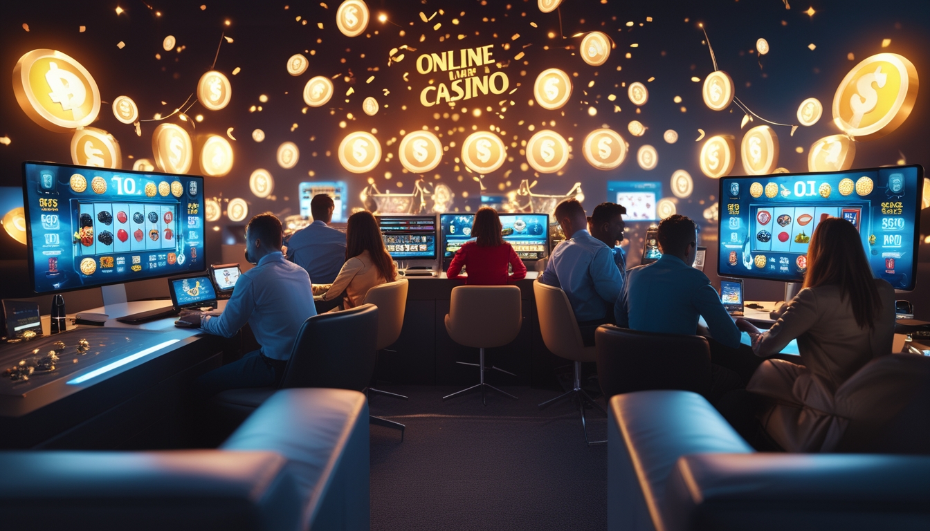 Sekelompok orang bermain permainan kasino online langsung di perangkat komputer dan ponsel dengan latar belakang suasana yang cerah dan penuh semangat.