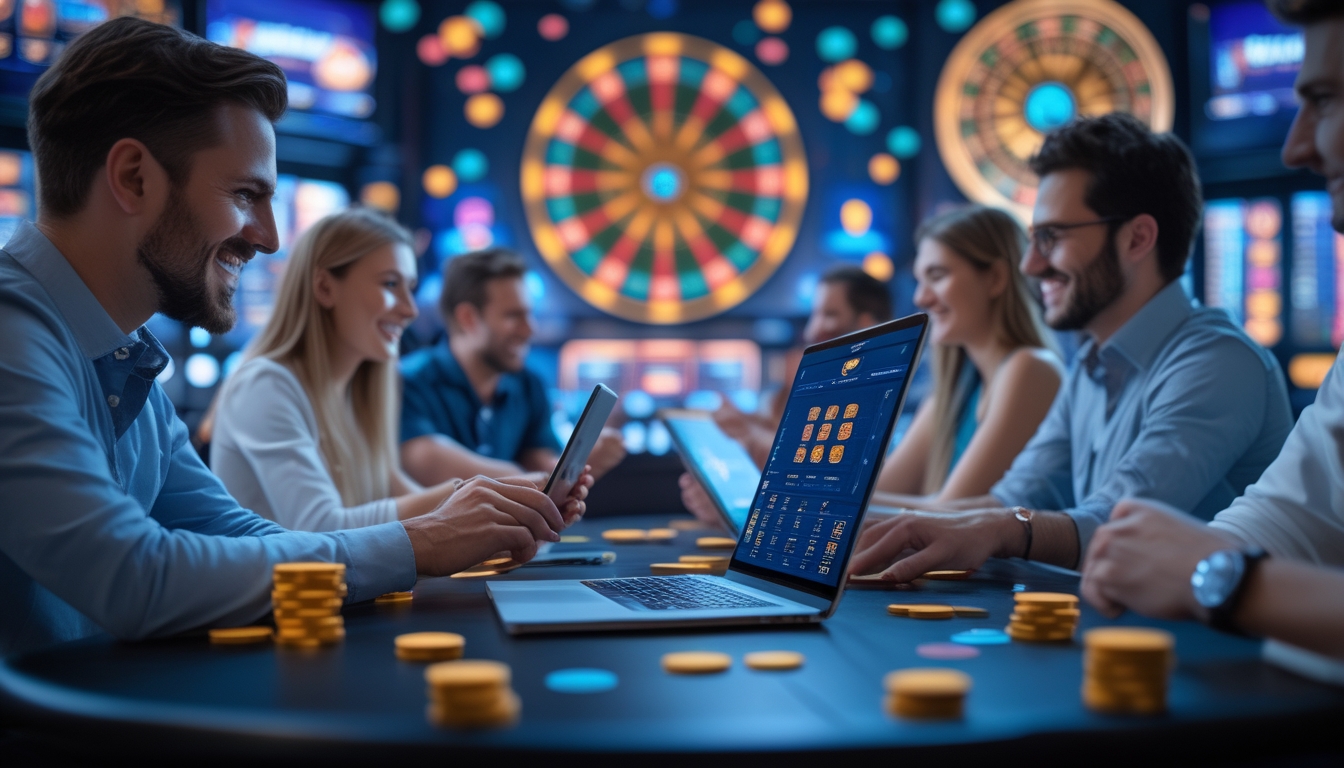 Sejumlah pemain yang bersemangat menggunakan berbagai perangkat untuk bermain live casino online dengan latar belakang antarmuka kasino digital yang cerah dan penuh warna.