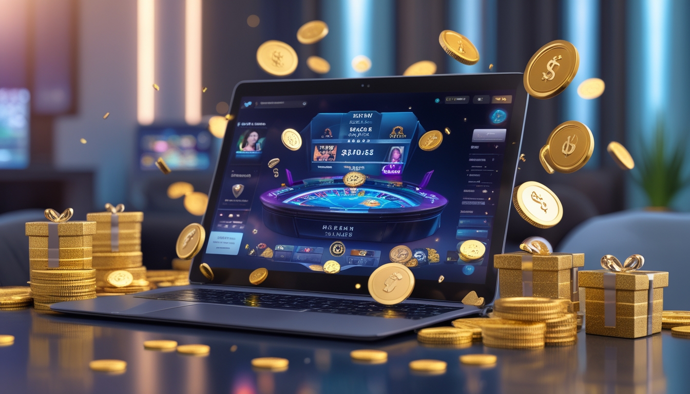 Seseorang menggunakan laptop dengan tampilan permainan kasino langsung online dan berbagai simbol bonus besar di sekitarnya.