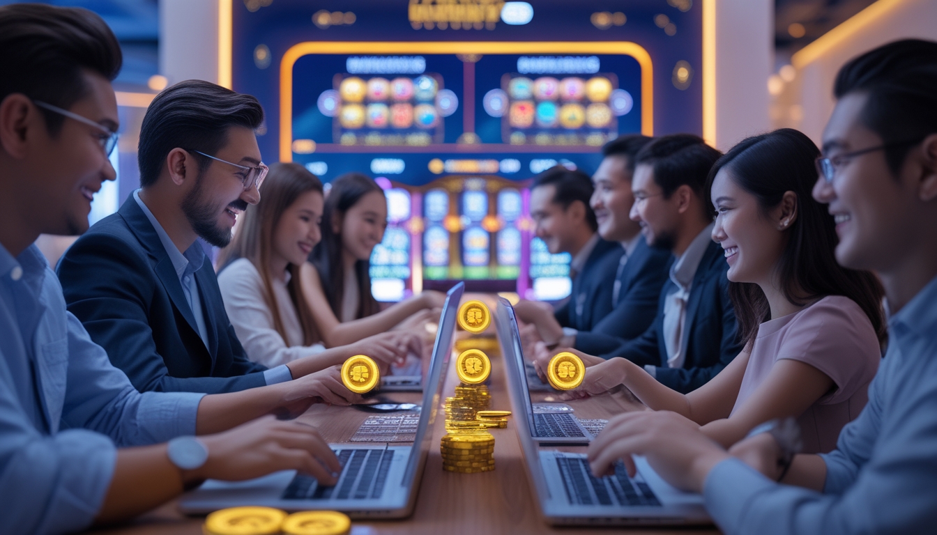 Orang-orang bermain kasino langsung online dengan perangkat digital di ruangan modern yang cerah dan futuristik.