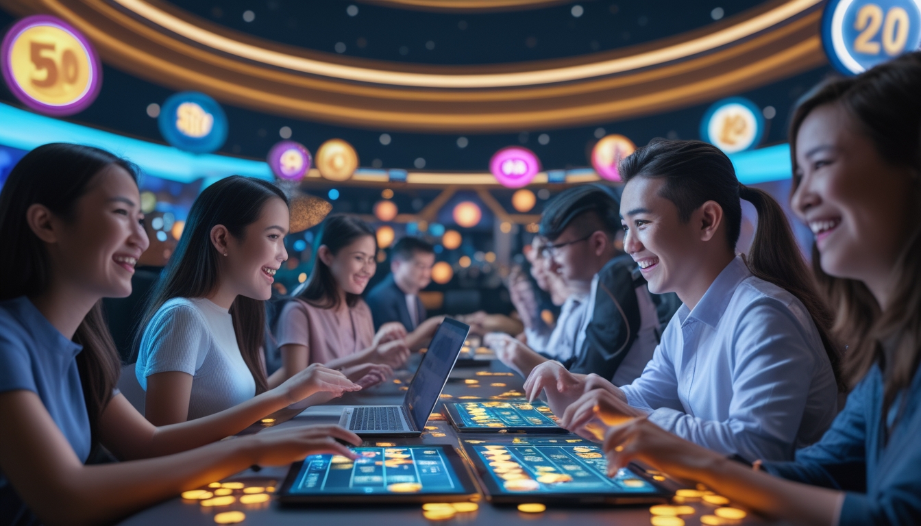 Beberapa orang bermain di kasino online dengan perangkat digital, menunjukkan kegembiraan dan antusiasme dalam suasana kasino modern.