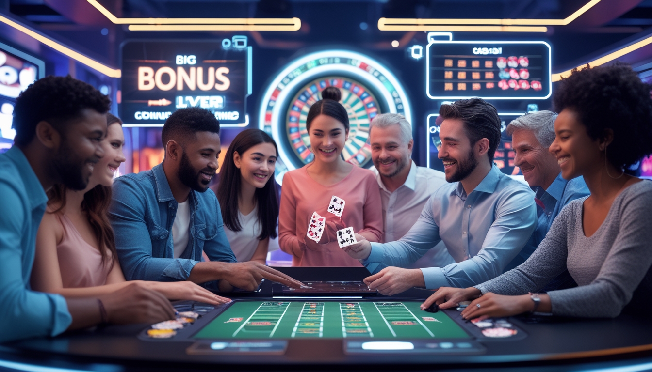Orang-orang bermain permainan kasino langsung secara online dengan layar digital dan suasana yang cerah dan futuristik.