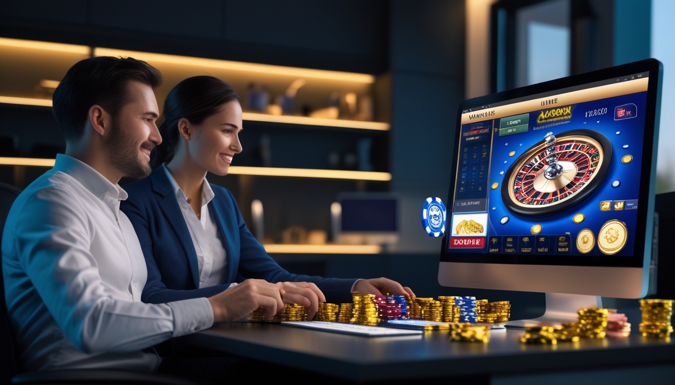 Seorang pria dan wanita duduk di depan komputer di ruang kerja modern, bermain permainan kasino langsung online dengan tampilan roda roulette dan kartu di layar.
