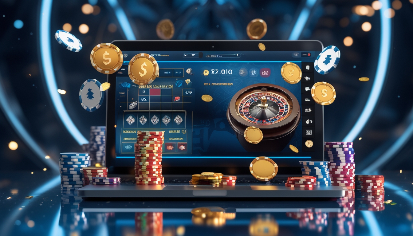 Sebuah komputer menampilkan permainan kasino langsung dengan dealer dan tumpukan chip poker serta koin di sekitarnya, menggambarkan suasana kasino online yang modern dan menarik.