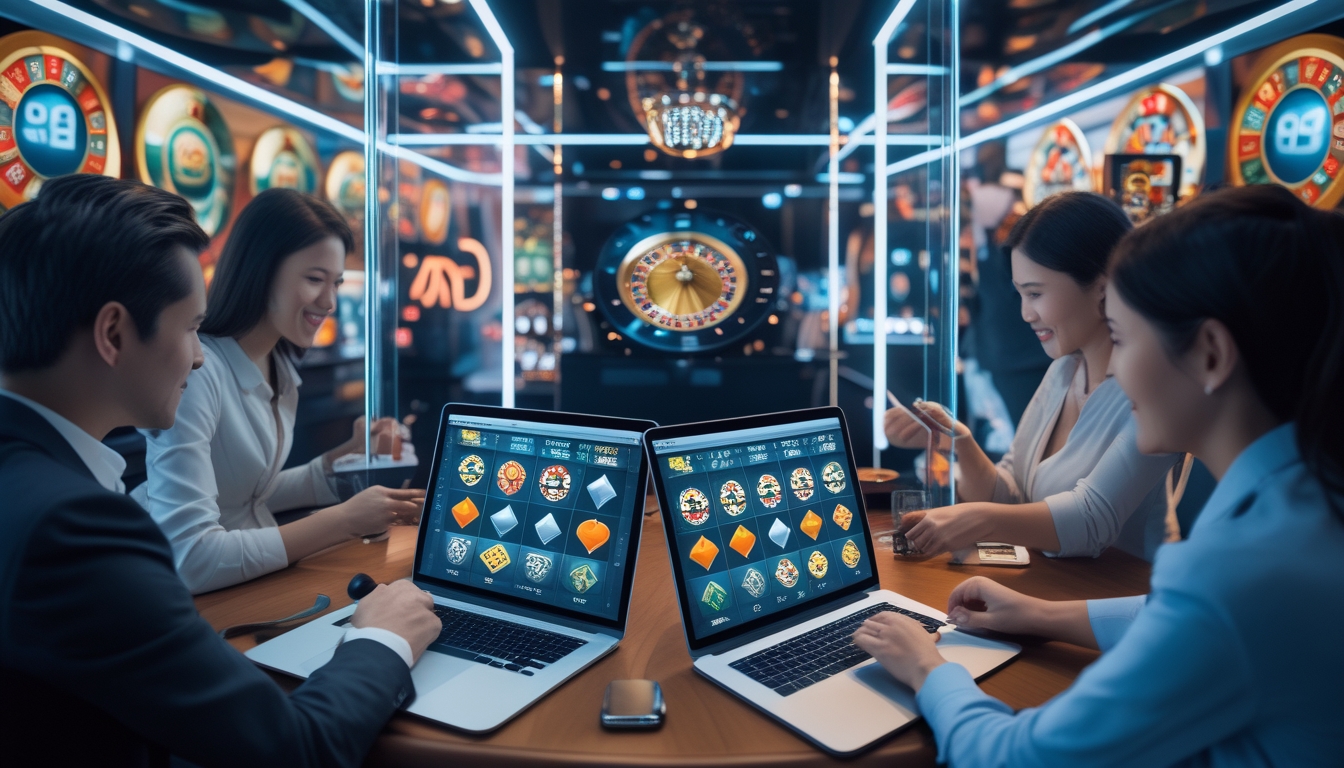 Orang-orang sedang bermain permainan kasino secara online dengan perangkat digital di lingkungan kasino modern dan futuristik.