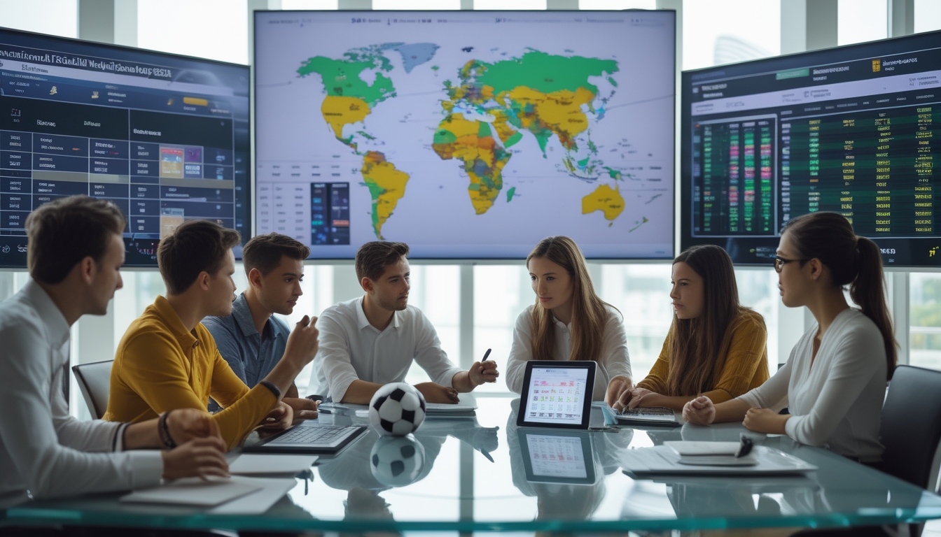 Sekelompok orang muda sedang berdiskusi dan menganalisis statistik sepak bola di ruang kantor modern dengan layar digital dan peralatan kerja di meja.