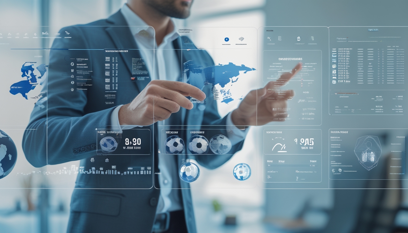 Seorang profesional sedang menganalisis data taruhan olahraga internasional di layar digital di kantor modern.