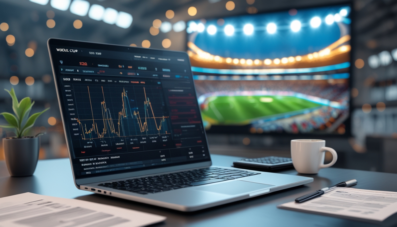 Seorang analis sedang bekerja dengan laptop yang menampilkan grafik data taruhan sepak bola, dikelilingi oleh laporan statistik dan kalkulator, dengan latar belakang stadion sepak bola yang penuh penonton.