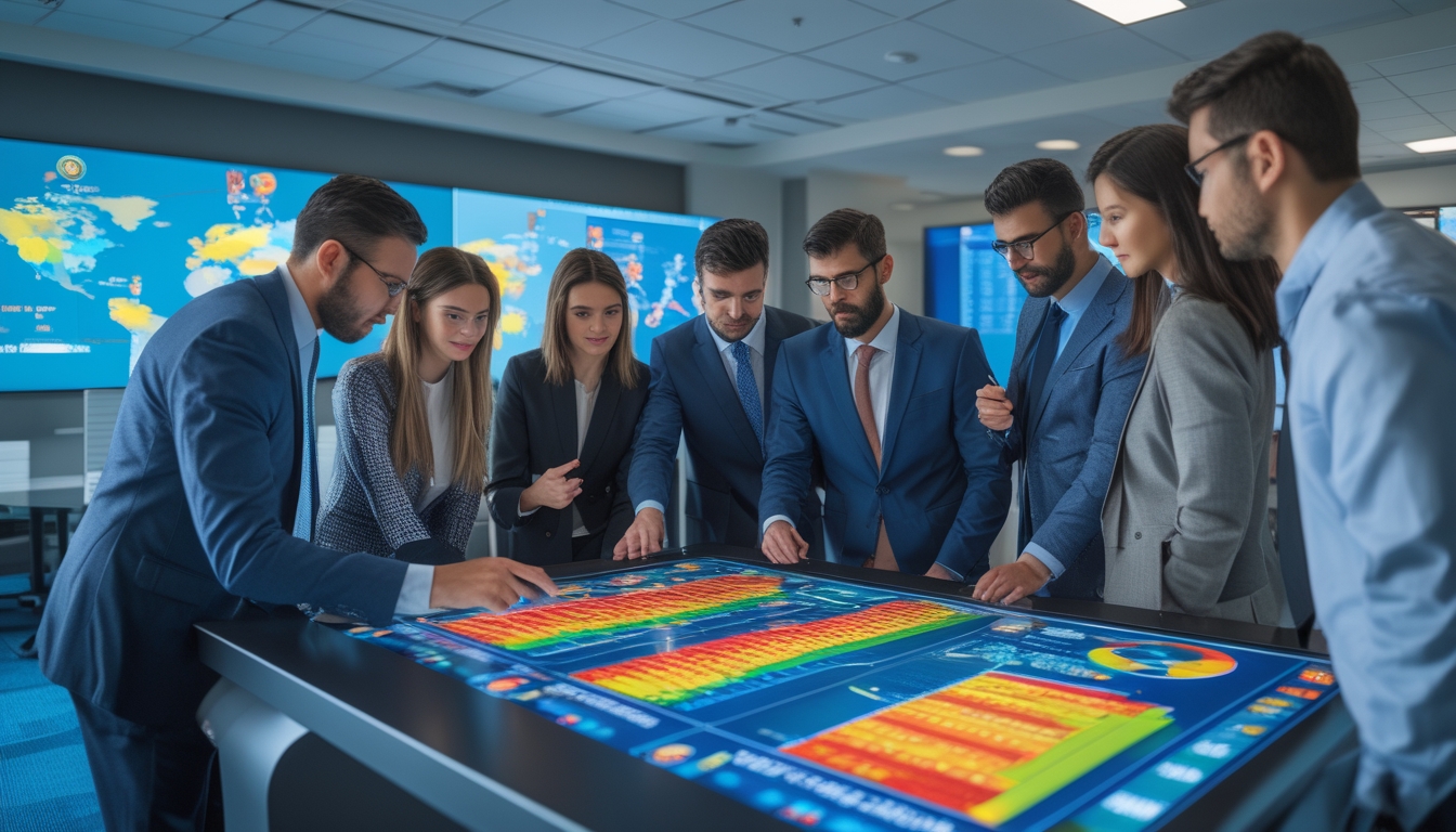 Sekelompok profesional sedang menganalisis data performa tim sepak bola internasional di ruang kantor modern dengan layar besar menampilkan grafik dan peta dunia.