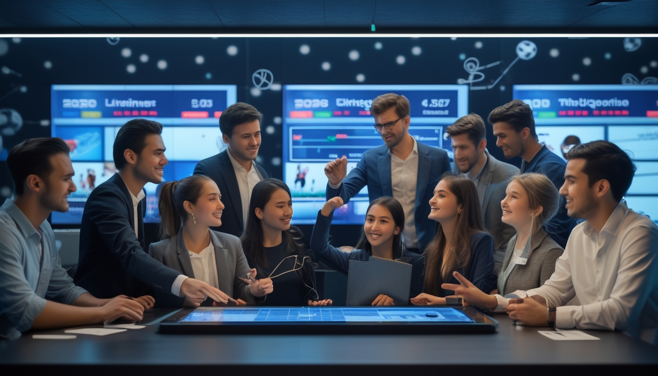 Sekelompok orang muda sedang melihat layar digital yang menampilkan taruhan olahraga internasional secara langsung dengan suasana santai dan fokus.