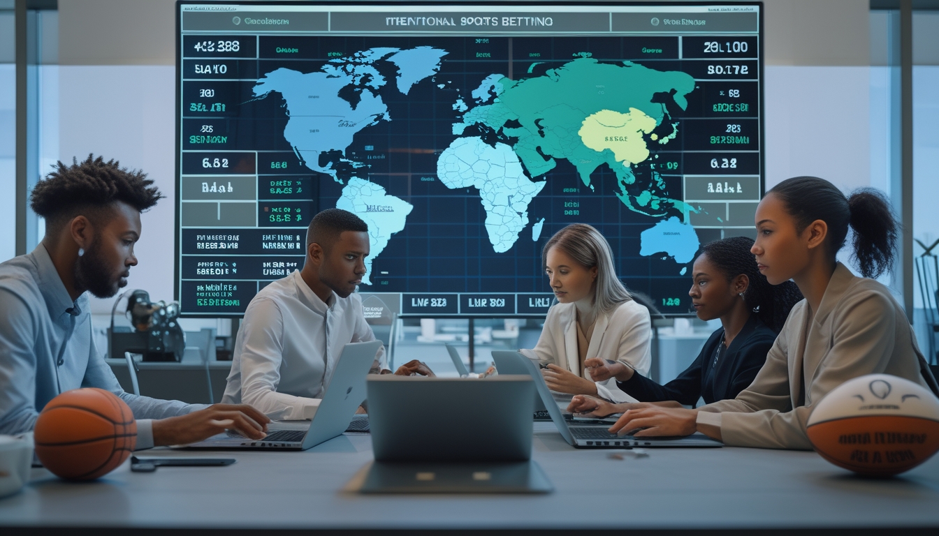 Beberapa orang sedang menggunakan perangkat digital untuk melihat data taruhan olahraga internasional secara langsung di sebuah kantor modern.