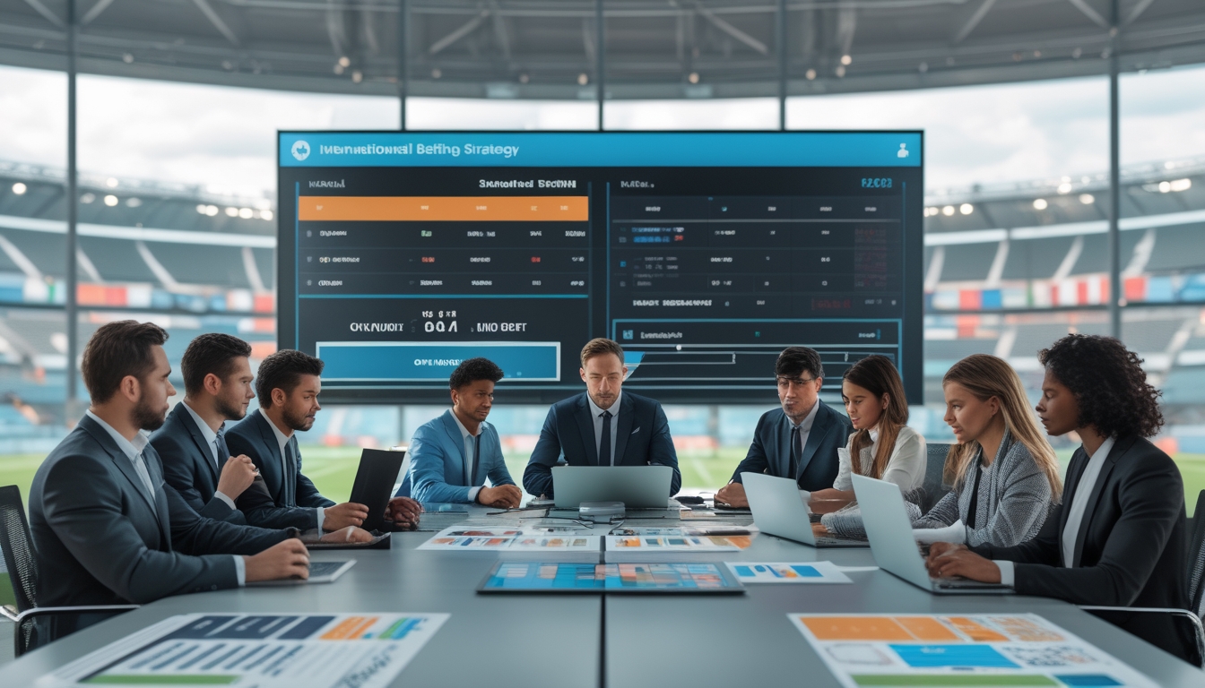 Sekelompok profesional sedang menganalisis data taruhan sepak bola di ruang konferensi dengan layar digital yang menampilkan statistik dan grafik.