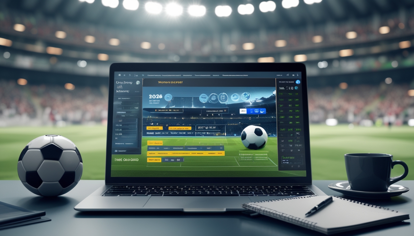 Seorang pria menggunakan laptop dengan layar menampilkan taruhan over under sepak bola, di meja terdapat bola sepak, tablet dengan statistik pertandingan, dan suasana stadion sepak bola internasional di latar belakang.