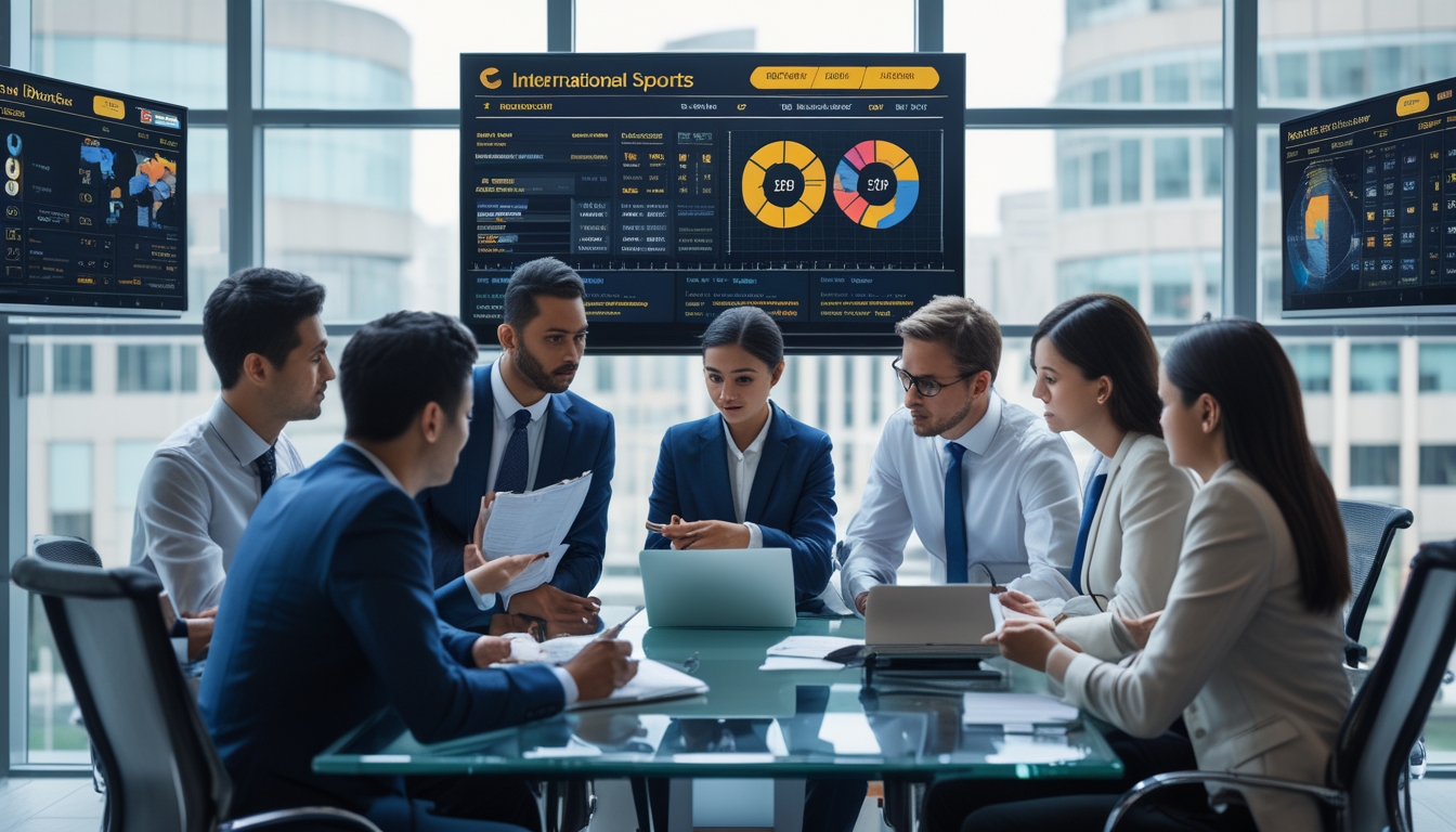 Sekelompok profesional sedang menganalisis data taruhan olahraga internasional di kantor modern.