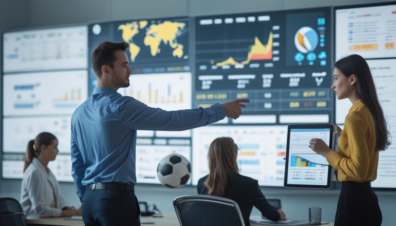 Sekelompok profesional muda sedang menganalisis data keuangan dan taruhan olahraga internasional di kantor modern.
