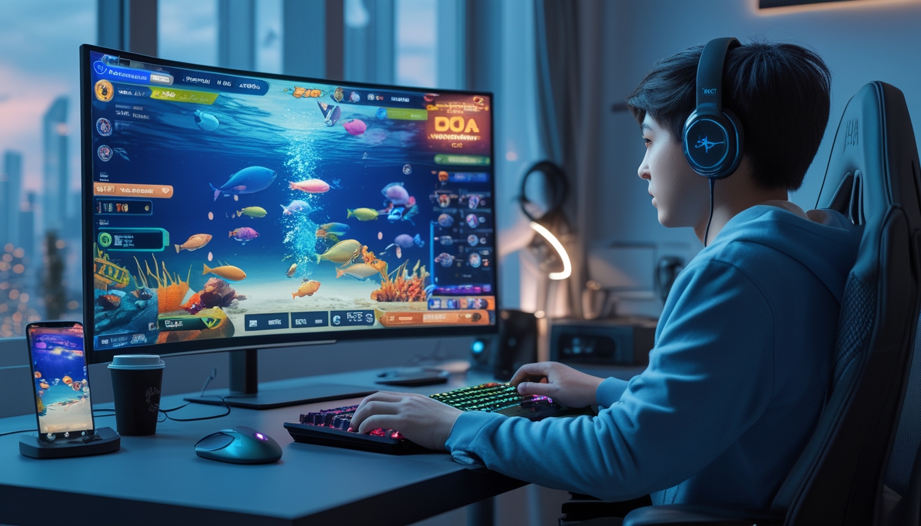Seorang pemuda sedang bermain game tembak ikan online di meja dengan monitor besar yang menampilkan ikan berwarna-warni di layar, menggunakan mouse dan keyboard di ruangan yang terang.