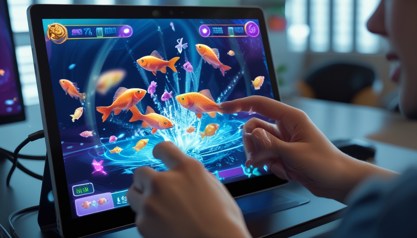 Seseorang sedang bermain game tembak ikan di komputer atau tablet di dalam ruangan modern.