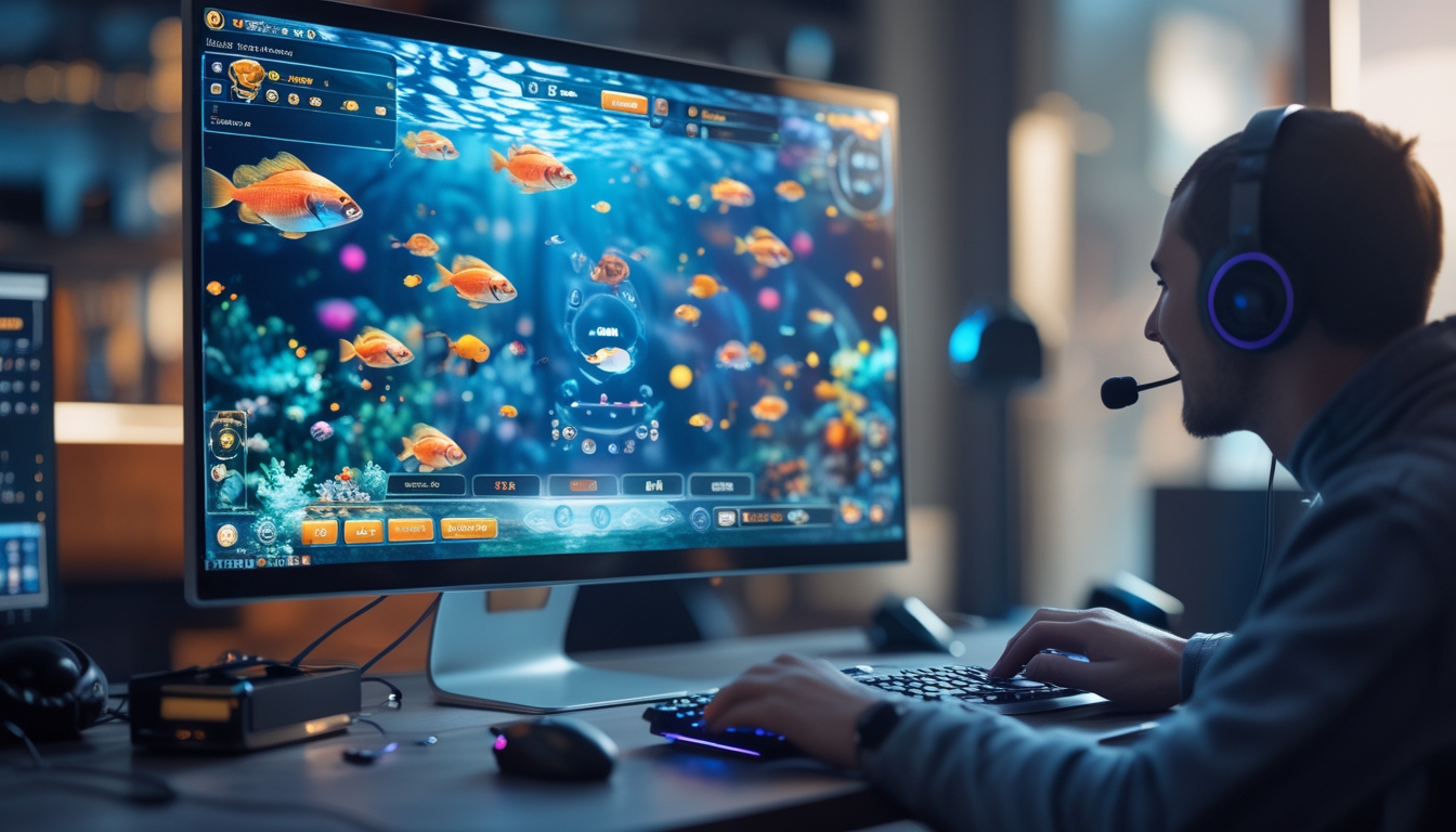 Seorang pemain sedang bermain game tembak ikan di komputer dengan gambar ikan berwarna-warni di layar.