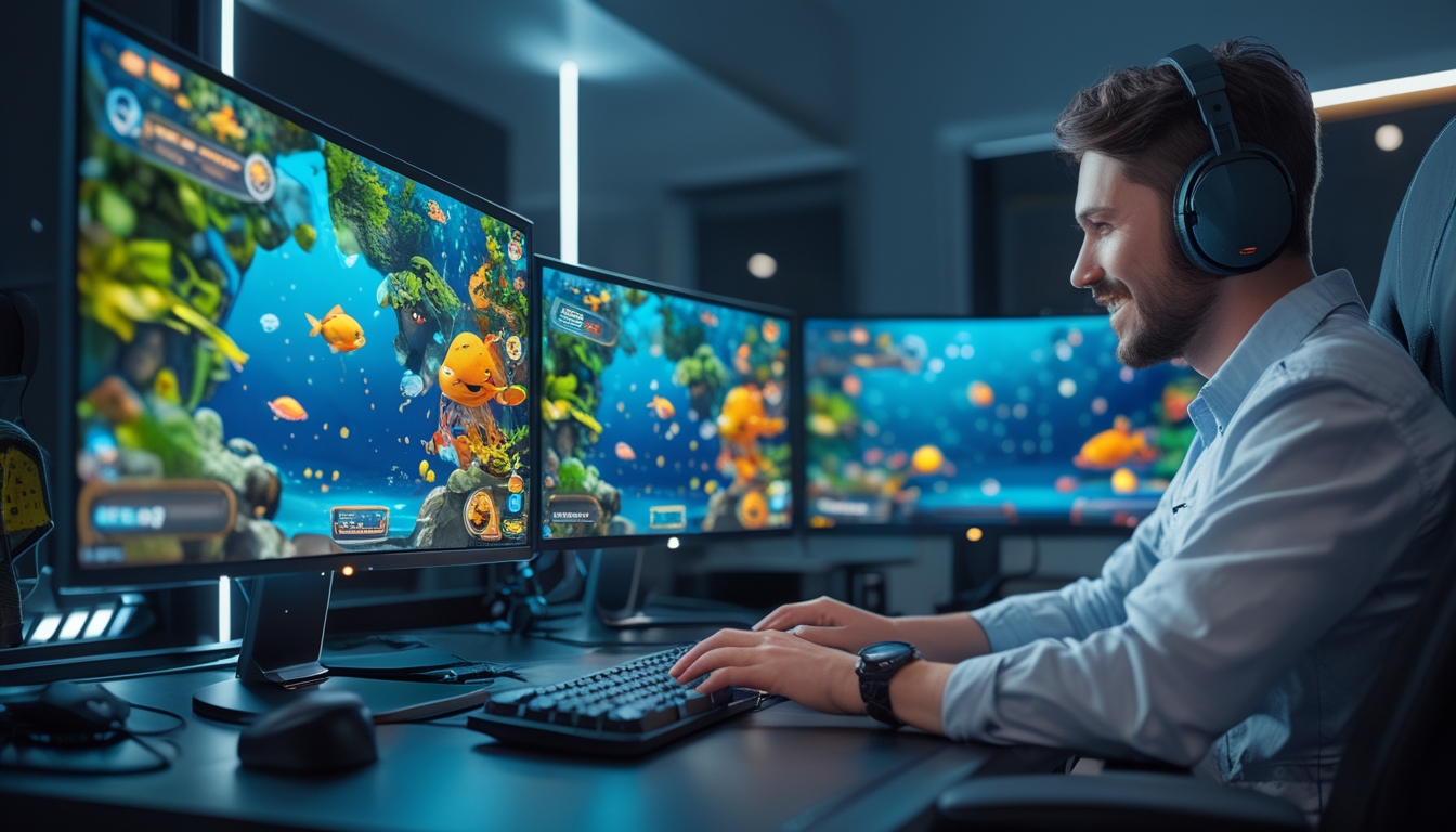 Seseorang sedang fokus bermain permainan tembak ikan online di komputer di ruangan dengan layar menampilkan grafik bawah laut berwarna-warni.