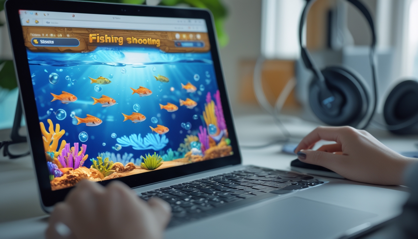 Seseorang sedang bermain permainan tembak ikan online di layar perangkat dengan latar bawah laut berwarna-warni.