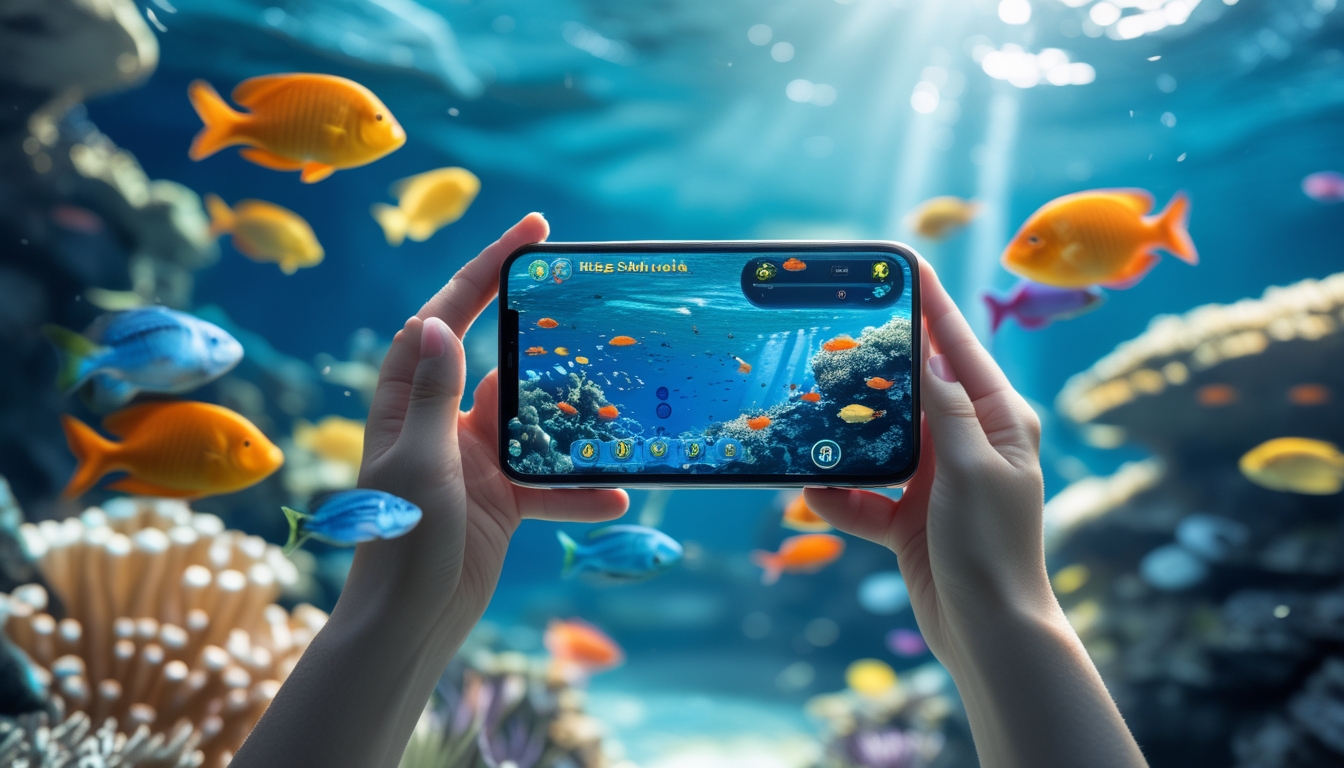 Pemandangan bawah laut dengan berbagai ikan berwarna-warni dan layar ponsel yang menampilkan permainan tembak ikan.