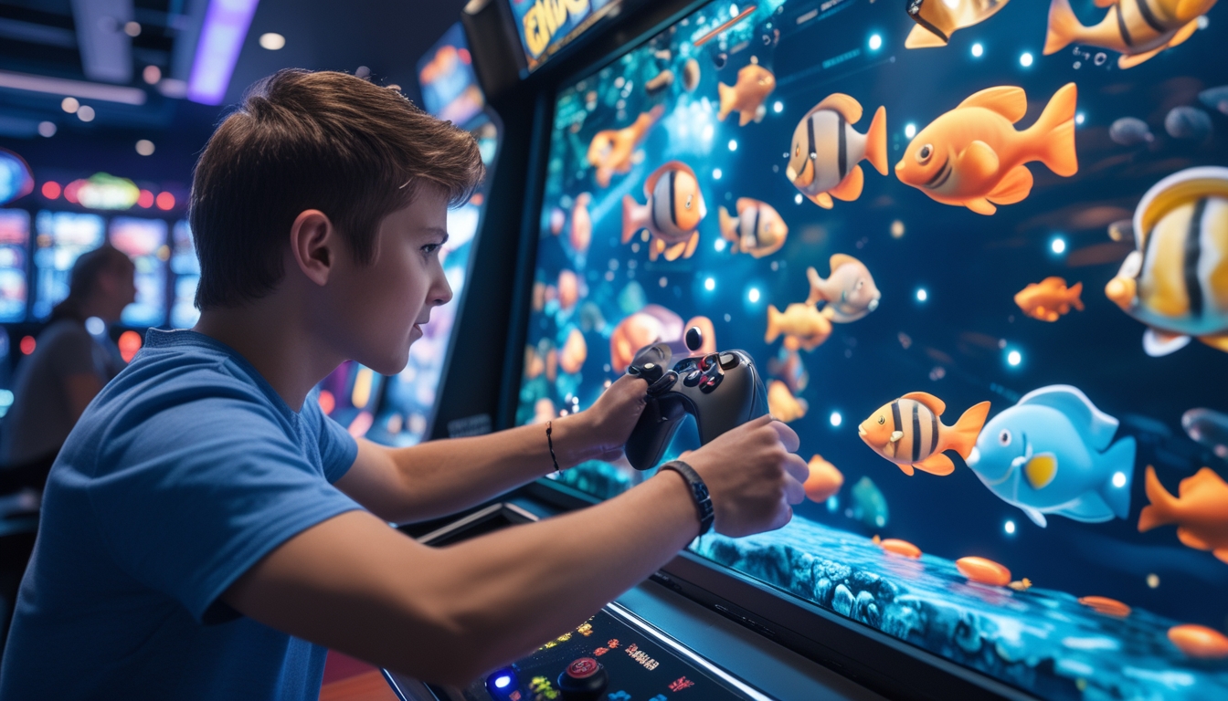 Seorang pemain muda sedang fokus bermain game tembak ikan di arena permainan dengan layar digital berwarna-warni dan lampu LED di sekitarnya.