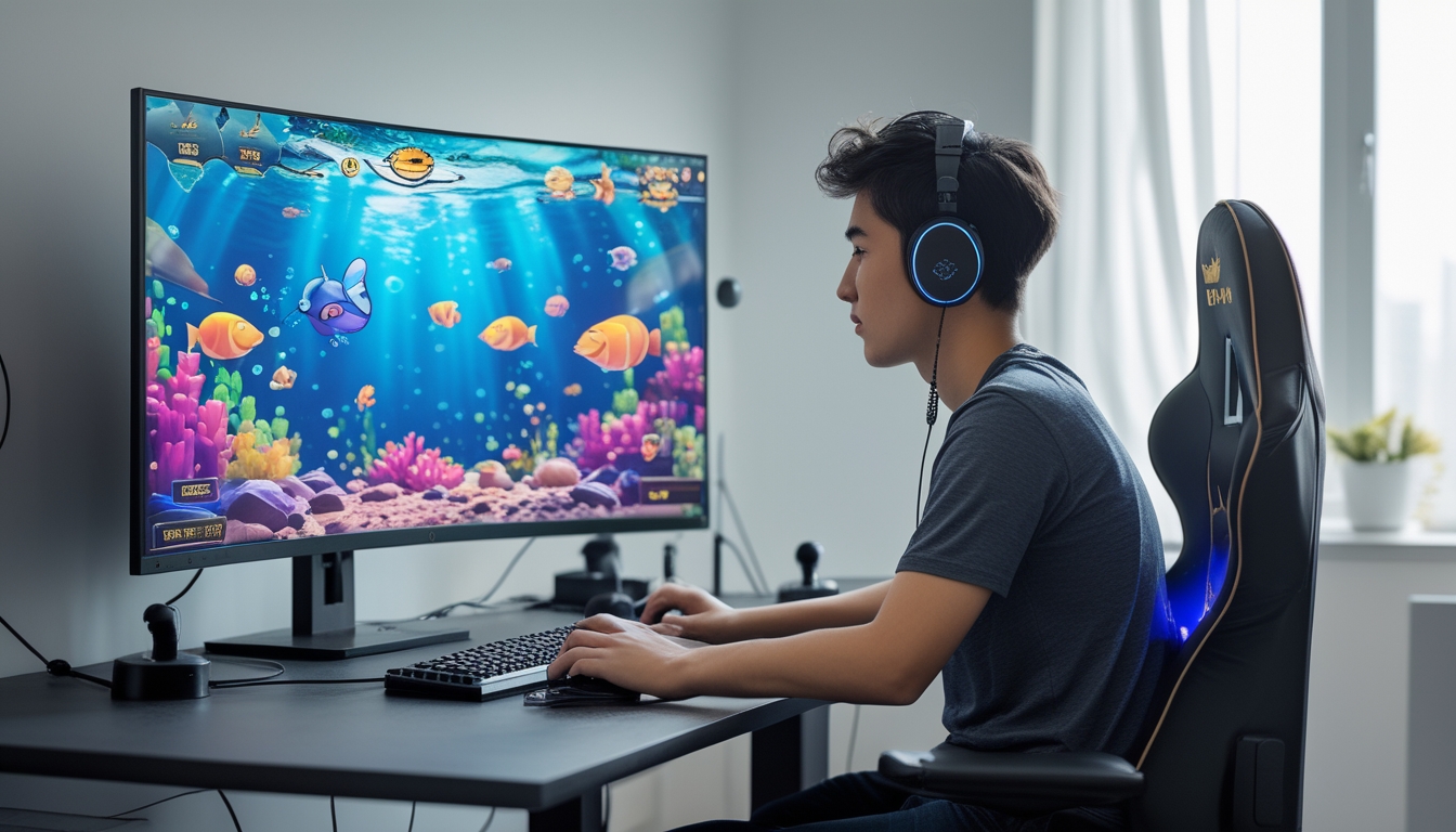 Seorang pria muda sedang bermain game tembak ikan di depan komputer di ruangan yang terang dan rapi.