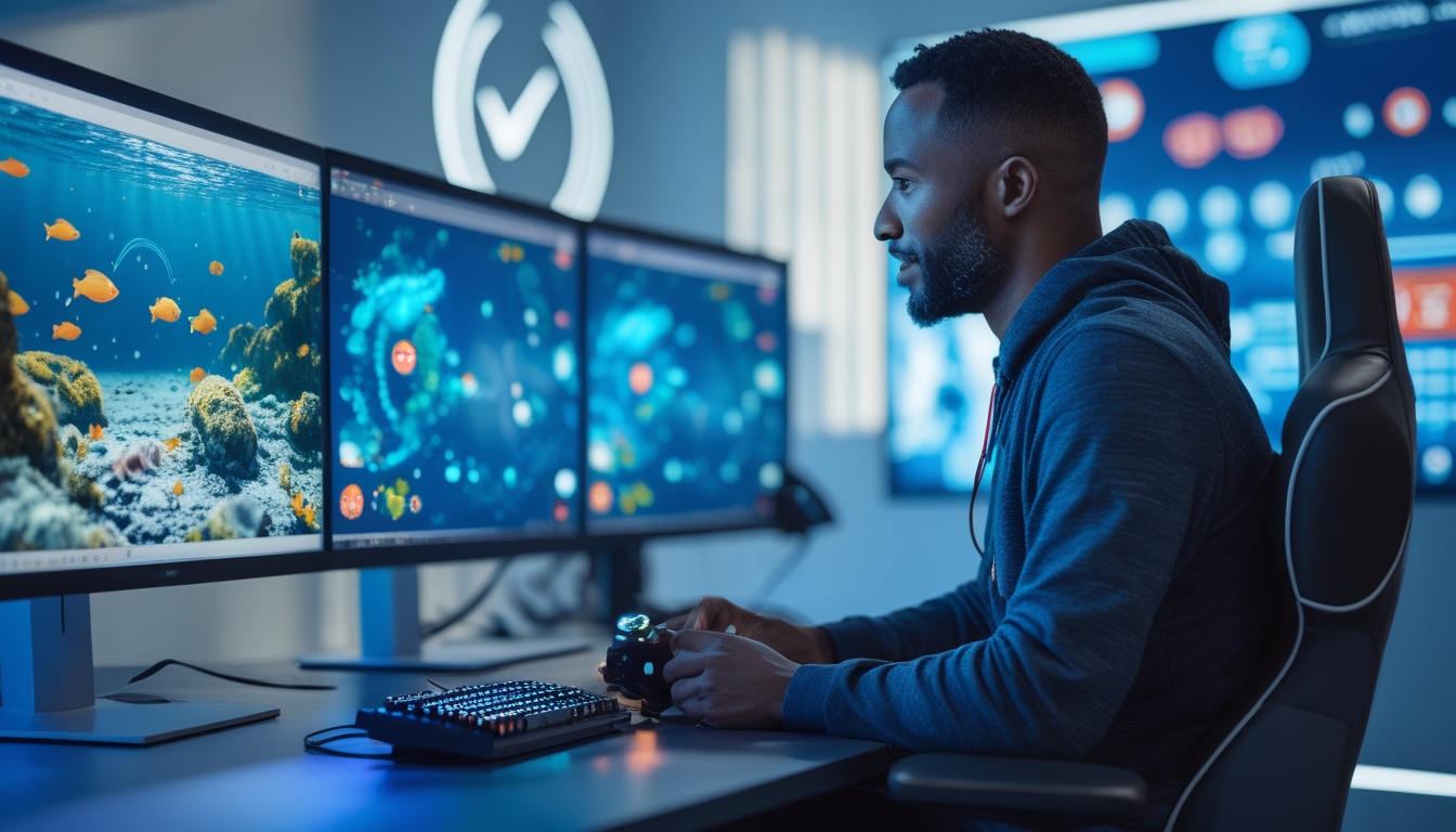 Seorang gamer dewasa sedang bermain game tembak ikan online dengan latar komputer modern dan grafik ikan berwarna-warni di layar.