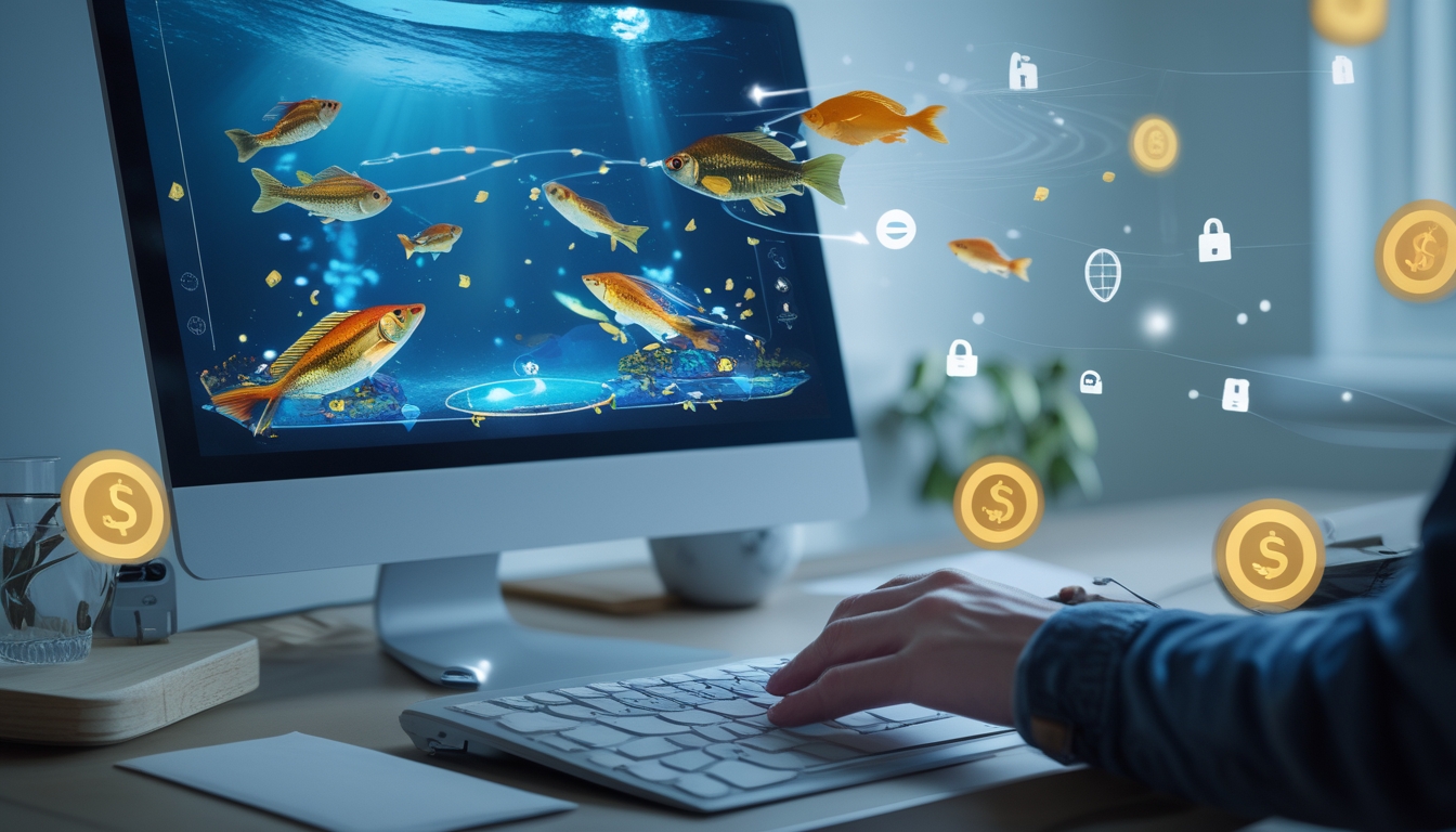Seseorang menggunakan perangkat digital dengan tampilan permainan tembak ikan berwarna-warni di layar, menunjukkan suasana kerja yang bersih dan modern.