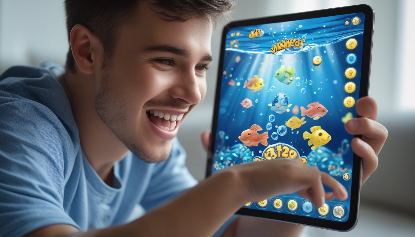 Seorang pria muda sedang bermain game tembak ikan di tablet dengan ekspresi antusias dan latar belakang warna-warni bawah laut.