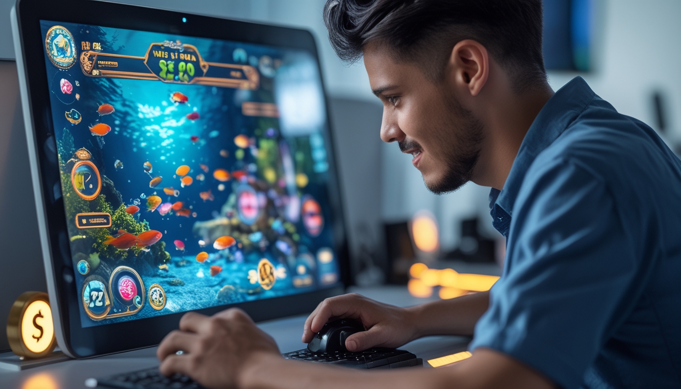 Seorang pemain sedang fokus bermain game tembak ikan di komputer dengan latar layar menampilkan ikan warna-warni dan elemen permainan yang dinamis.