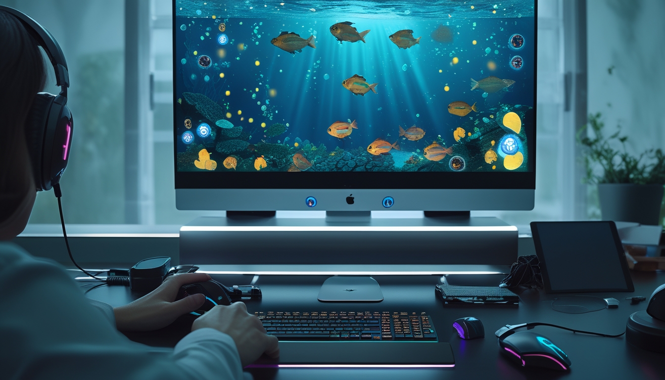 Seorang pemain sedang bermain game tembak ikan online di komputer dengan layar menampilkan berbagai ikan berwarna-warni dan ikon jackpot.
